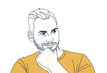 Illustrated person in a mustard shirt resting his chin on one hand